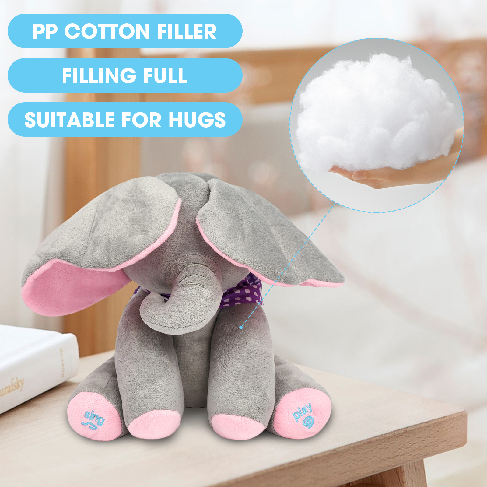 Alivio Peek A Boo Singing Elephant Plush Toy, Talking Singing Elephant Plush Huggable Baby Toy for Baby Toddlers Kids Boys Girls (Blue & Grey / Pink & Grey) - Image 4