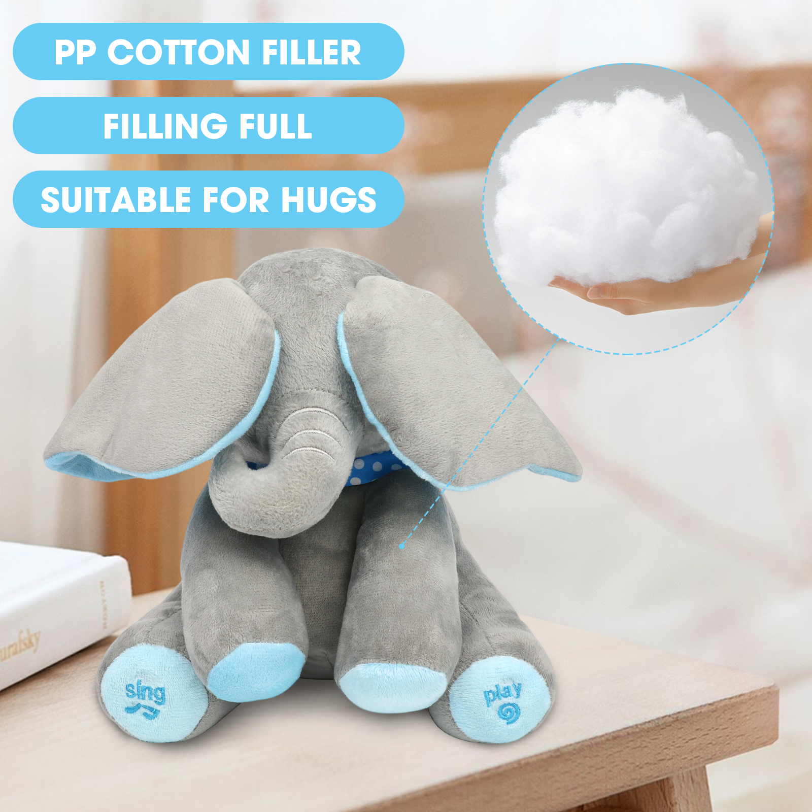 Alivio Peek A Boo Singing Elephant Plush Toy, Talking Singing Elephant Plush Huggable Baby Toy for Baby Toddlers Kids Boys Girls (Blue & Grey / Pink & Grey) - Image 13
