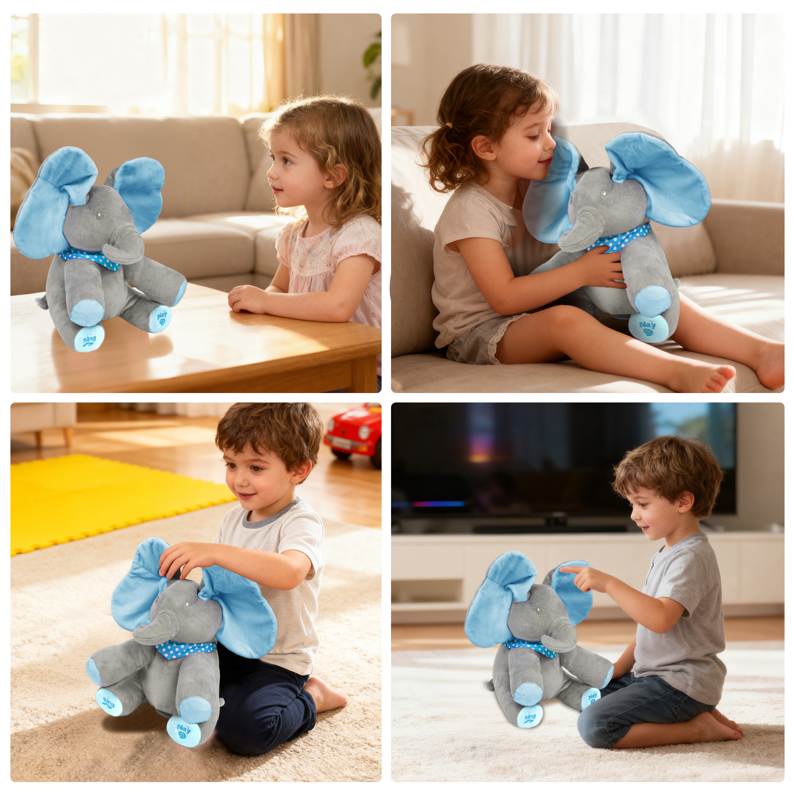 Alivio Peek A Boo Singing Elephant Plush Toy, Talking Singing Elephant Plush Huggable Baby Toy for Baby Toddlers Kids Boys Girls (Blue & Grey / Pink & Grey) - Image 12