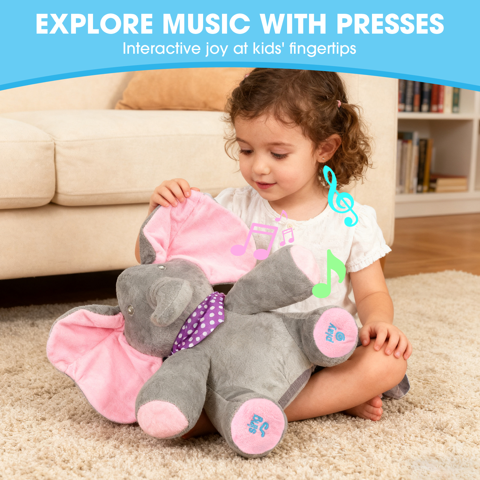 Alivio Peek A Boo Singing Elephant Plush Toy, Talking Singing Elephant Plush Huggable Baby Toy for Baby Toddlers Kids Boys Girls (Blue & Grey / Pink & Grey) - Image 2