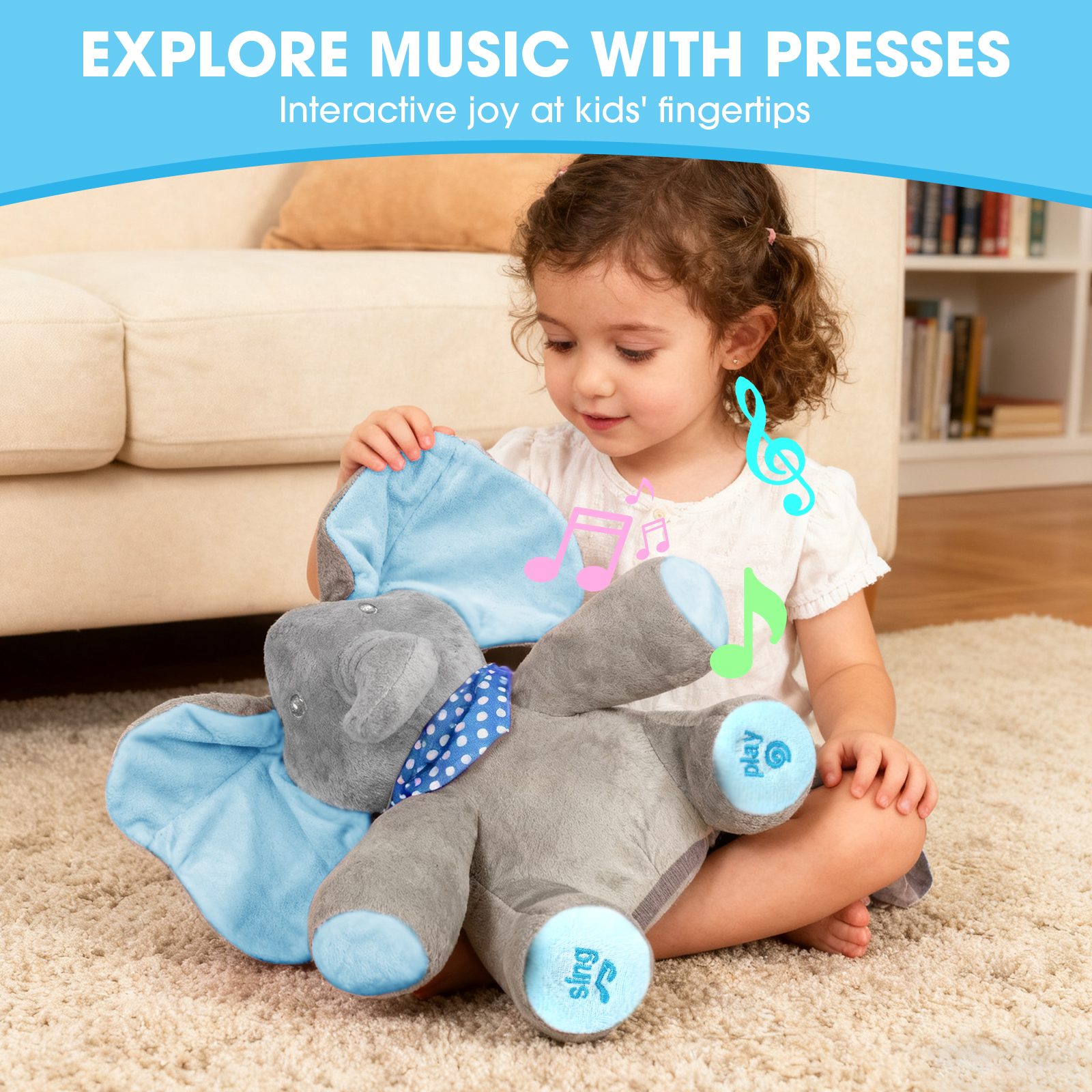 Alivio Peek A Boo Singing Elephant Plush Toy, Talking Singing Elephant Plush Huggable Baby Toy for Baby Toddlers Kids Boys Girls (Blue & Grey / Pink & Grey) - Image 11