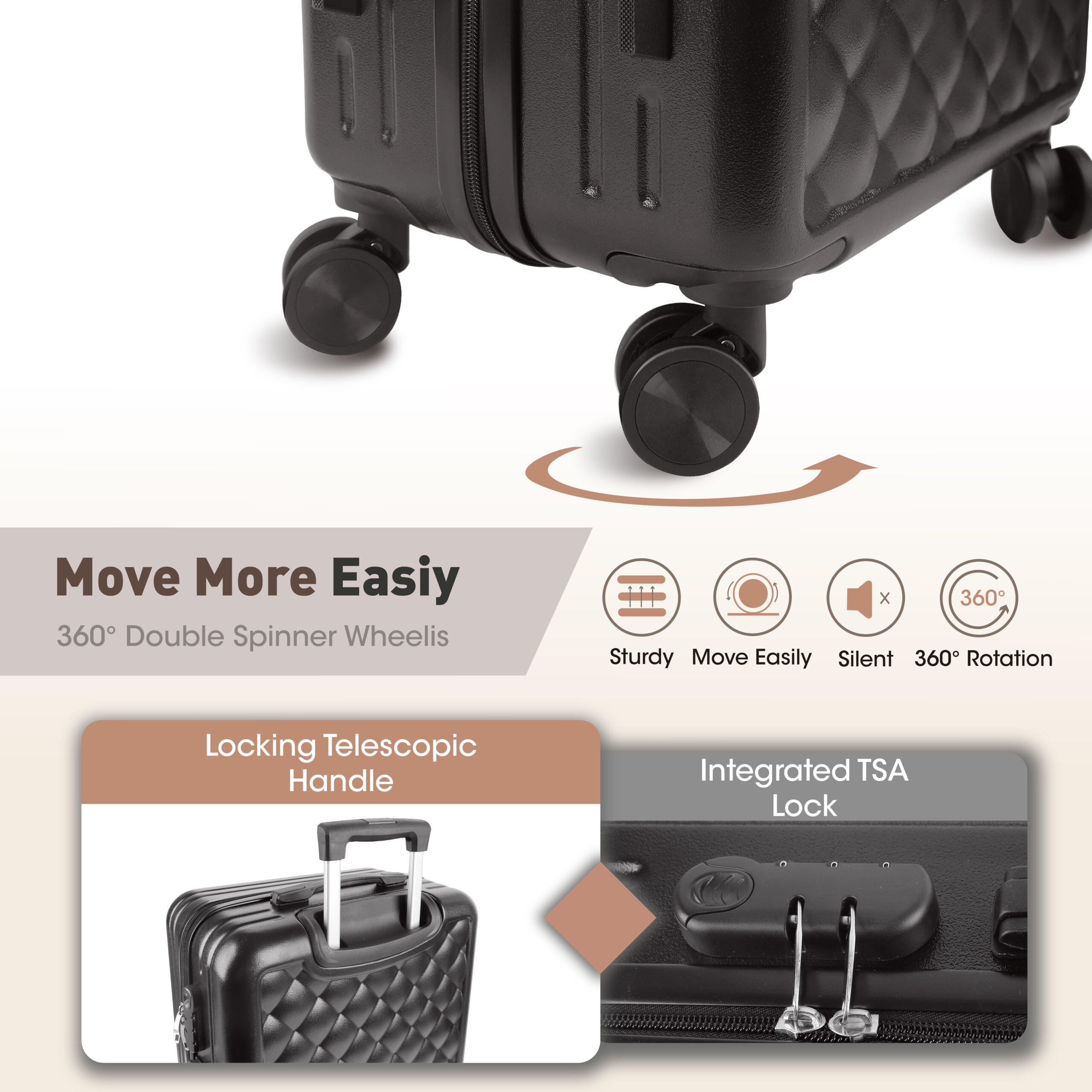 Alivio 4 Piece Luggage Set, Lightweight Hard Shell ABS Suitcase, 3-Stage Adjustable Telescopic Handle Trolley 14, 20, 24, 28in (Pack of 4 Pc) Black / Blue / RoseGold - Image 2