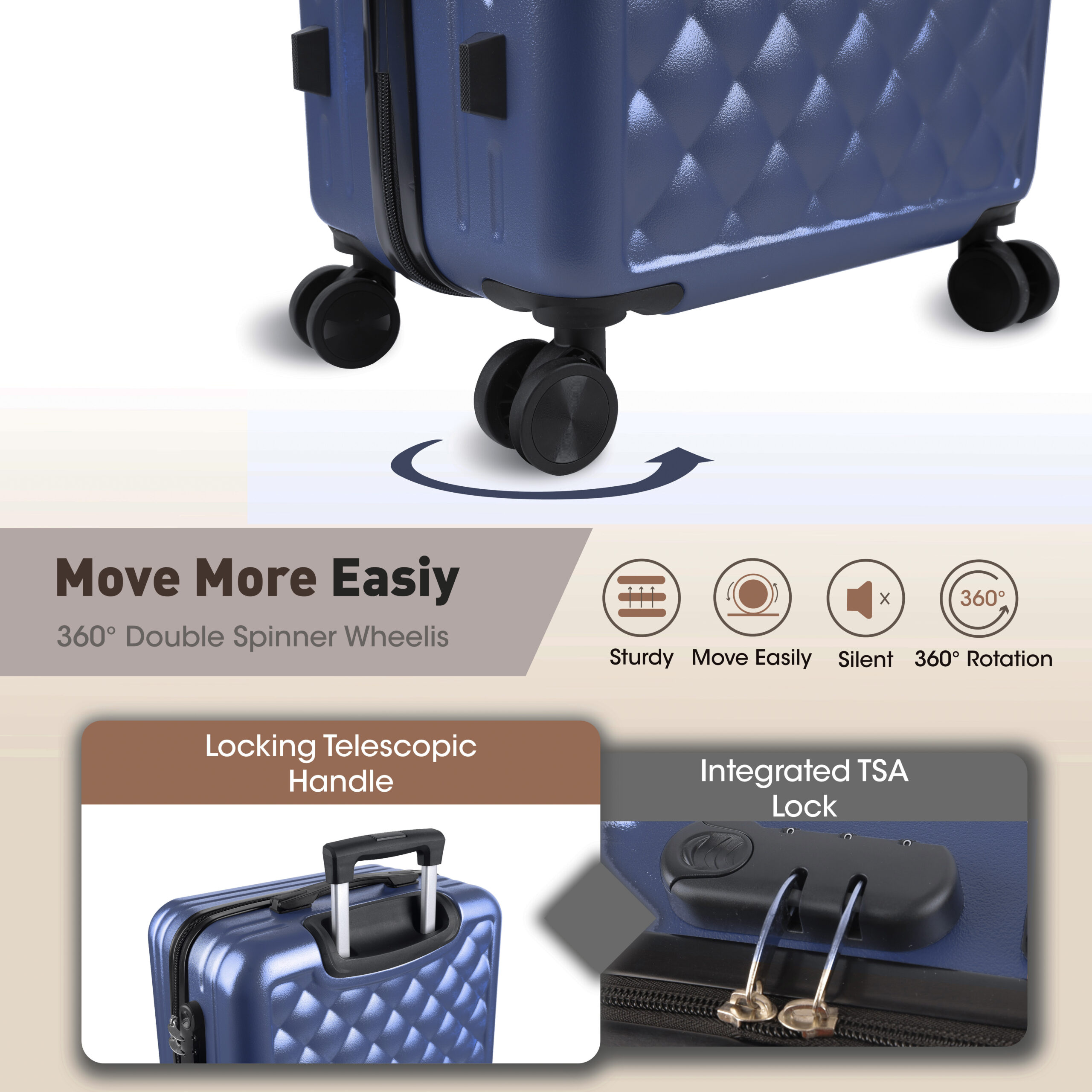 Alivio 4 Piece Luggage Set, Lightweight Hard Shell ABS Suitcase, 3-Stage Adjustable Telescopic Handle Trolley 14, 20, 24, 28in (Pack of 4 Pc) Black / Blue / RoseGold - Image 8