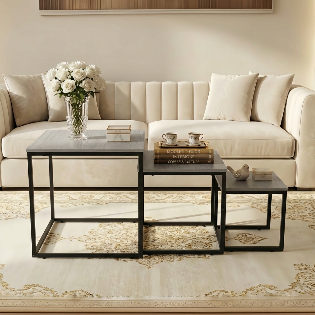 Alivio Industrial Nesting Coffee Tables with Sturdy Metal Base & Wood Finish Tops – Compact Space-Saving Center Table - Image 8