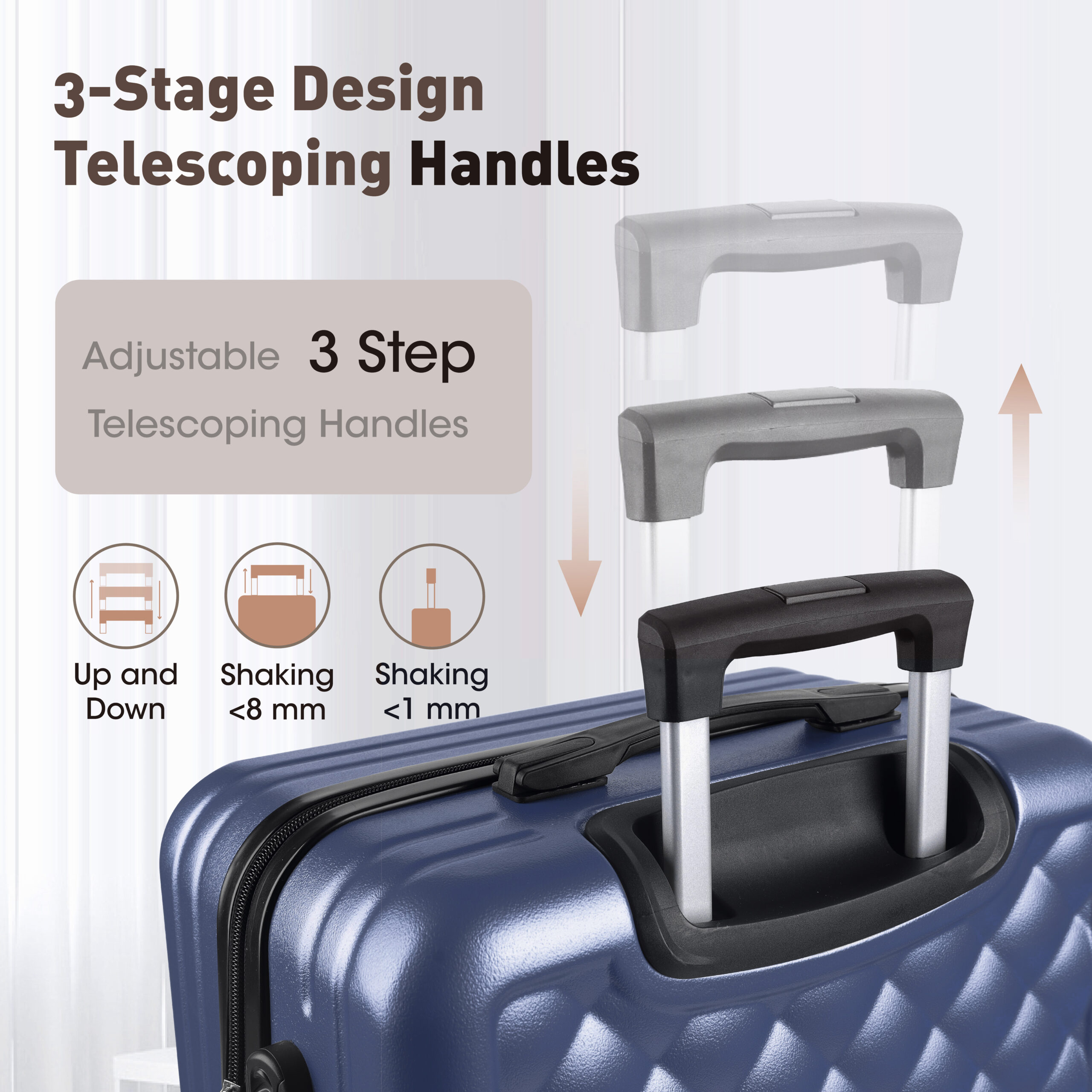 Alivio 4 Piece Luggage Set, Lightweight Hard Shell ABS Suitcase, 3-Stage Adjustable Telescopic Handle Trolley 14, 20, 24, 28in (Pack of 4 Pc) Black / Blue / RoseGold - Image 9