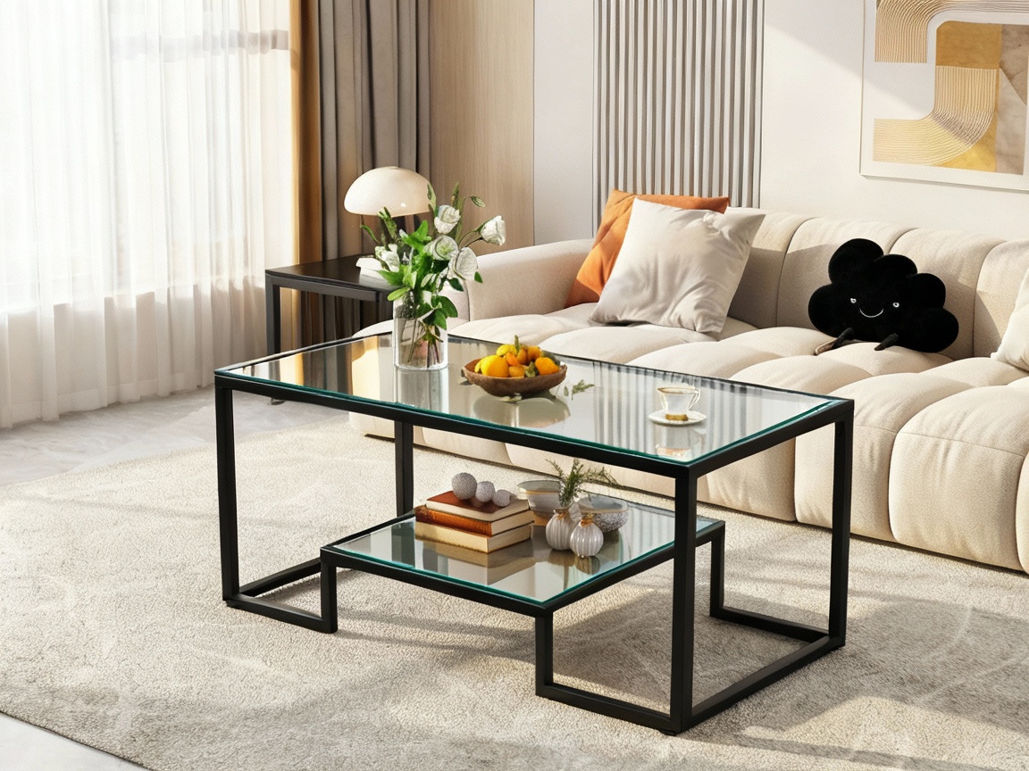 Alivio 2-Tier Modern Industrial Coffee Table with Metal Frame & Glass Top – Dual Storage Shelves, Sturdy Center Table for Living Room, Home & Office - Image 11