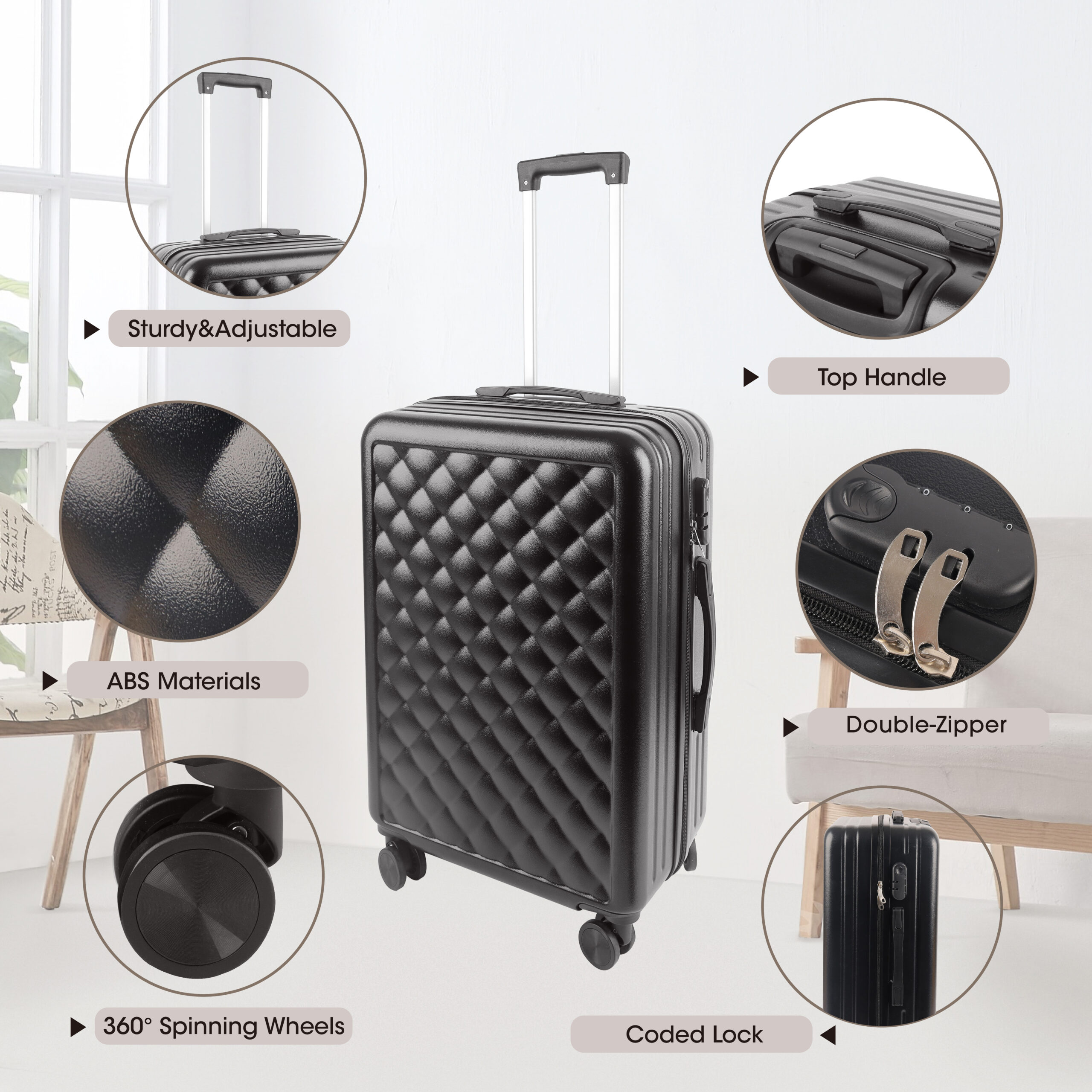 Alivio 4 Piece Luggage Set, Lightweight Hard Shell ABS Suitcase, 3-Stage Adjustable Telescopic Handle Trolley 14, 20, 24, 28in (Pack of 4 Pc) Black / Blue / RoseGold - Image 4