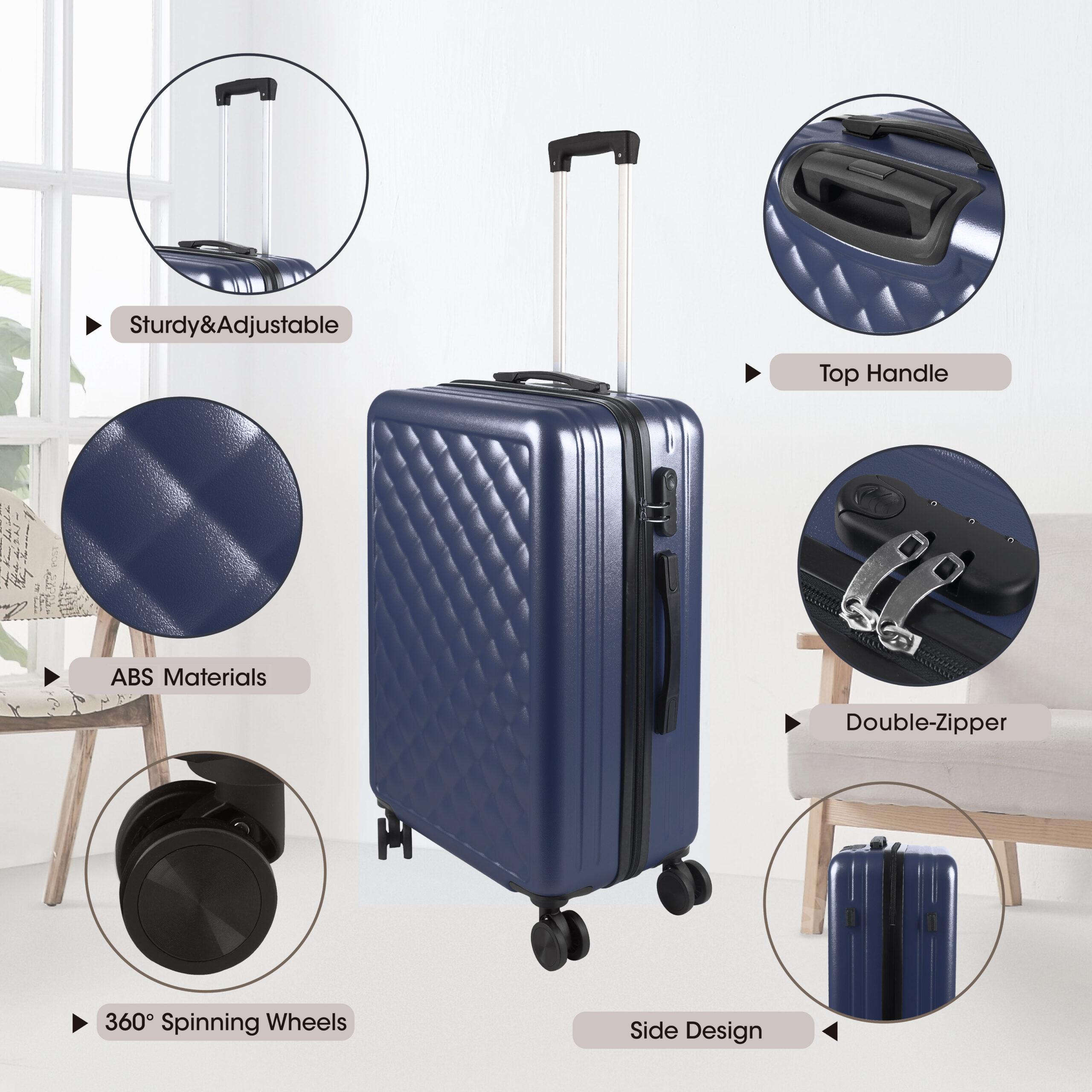 Alivio 4 Piece Luggage Set, Lightweight Hard Shell ABS Suitcase, 3-Stage Adjustable Telescopic Handle Trolley 14, 20, 24, 28in (Pack of 4 Pc) Black / Blue / RoseGold - Image 10