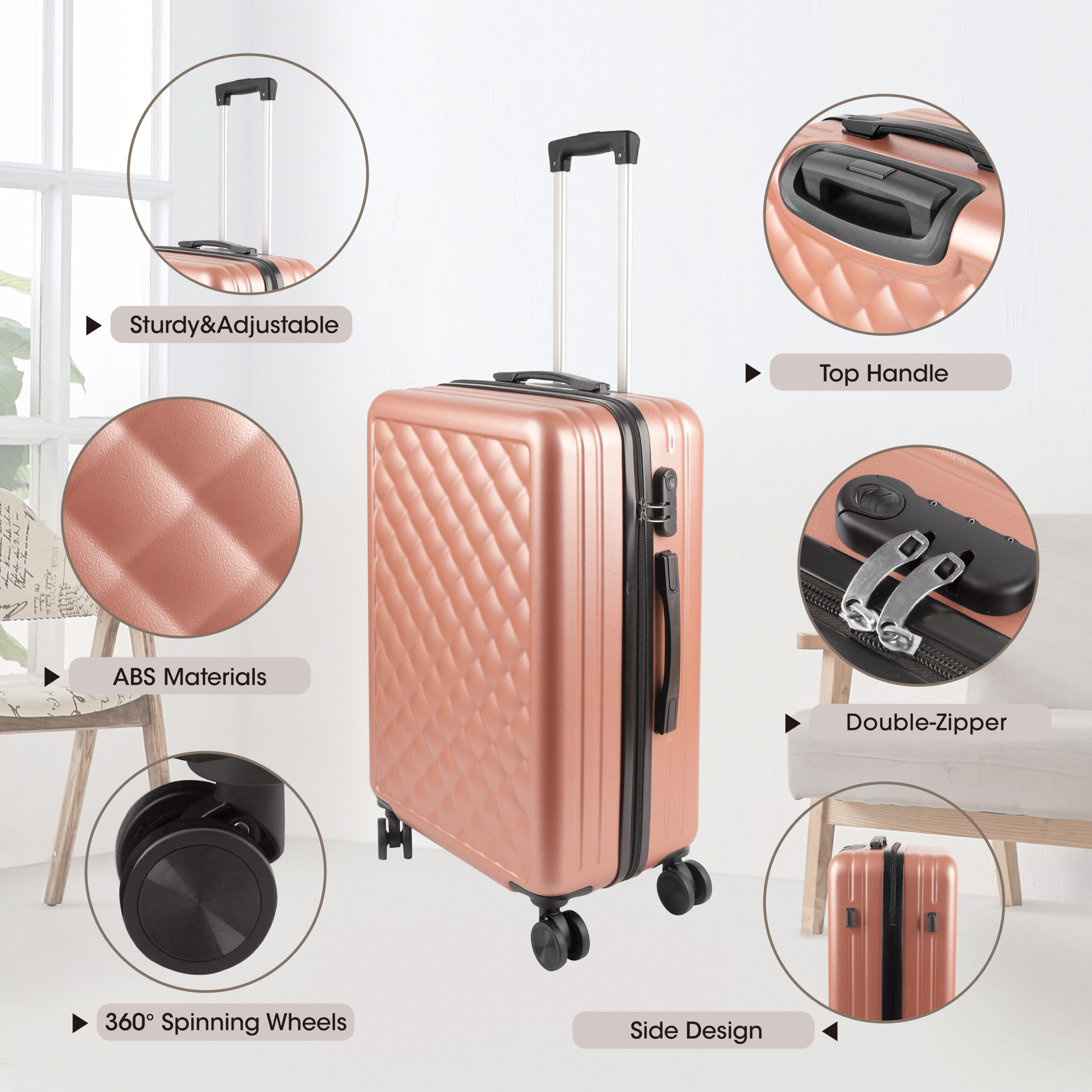 Alivio 4 Piece Luggage Set, Lightweight Hard Shell ABS Suitcase, 3-Stage Adjustable Telescopic Handle Trolley 14, 20, 24, 28in (Pack of 4 Pc) Black / Blue / RoseGold - Image 17