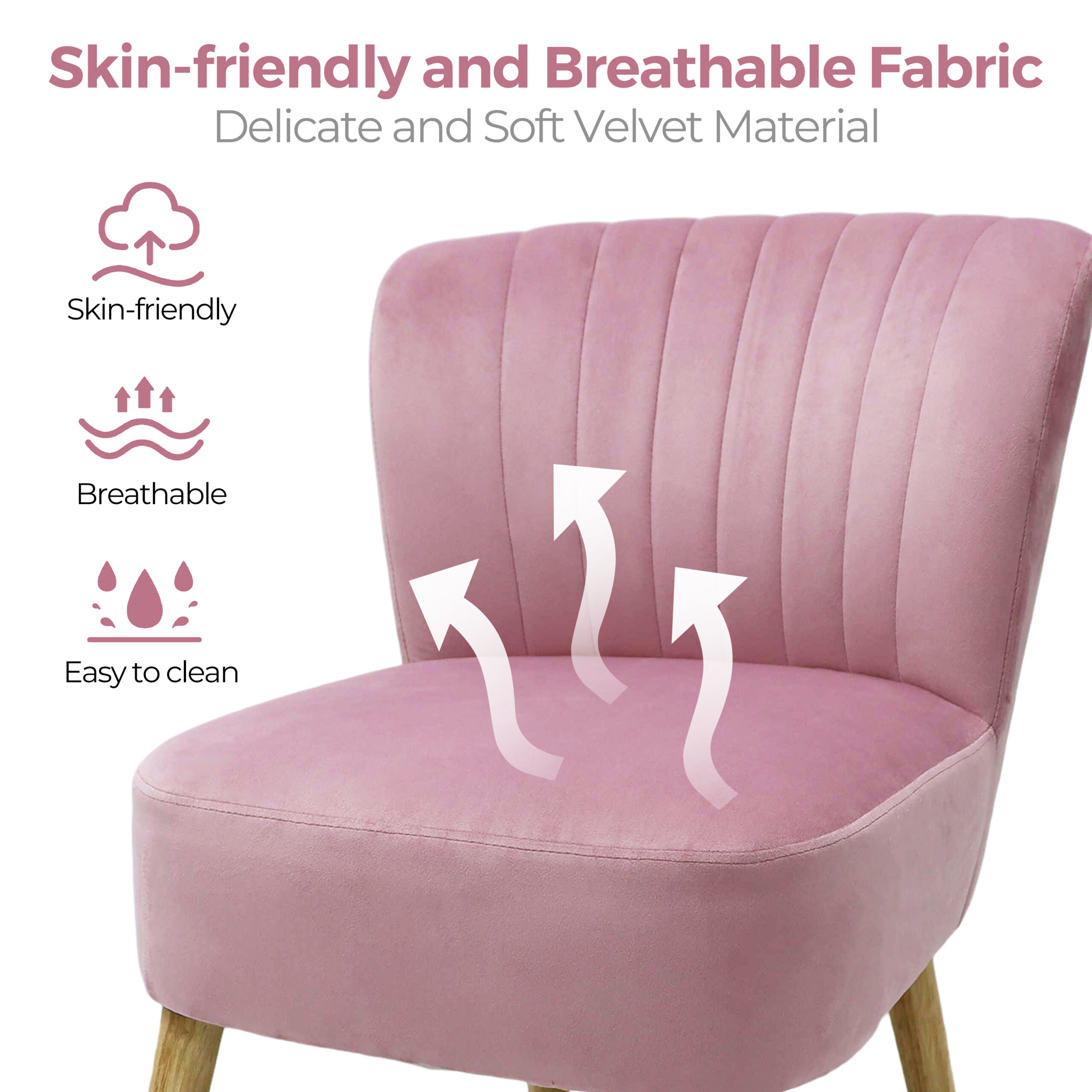Alivio Ergonomic Accent Chair with Skin-Friendly Breathable Fabric, Thick Cushion, Curved Backrest, Solid Rubber Wood Legs & Anti-Slip Pads, Easy-to-Clean Modern Living Room Chair (Pink) - Image 5
