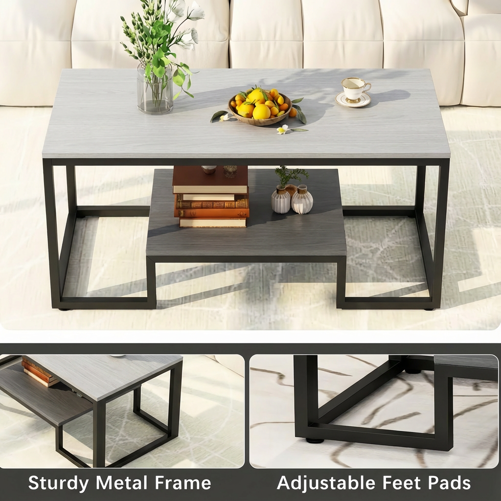 Alivio 2-Tier Modern Industrial Coffee Table with Metal Frame & Glass Top – Dual Storage Shelves, Sturdy Center Table for Living Room, Home & Office - Image 21