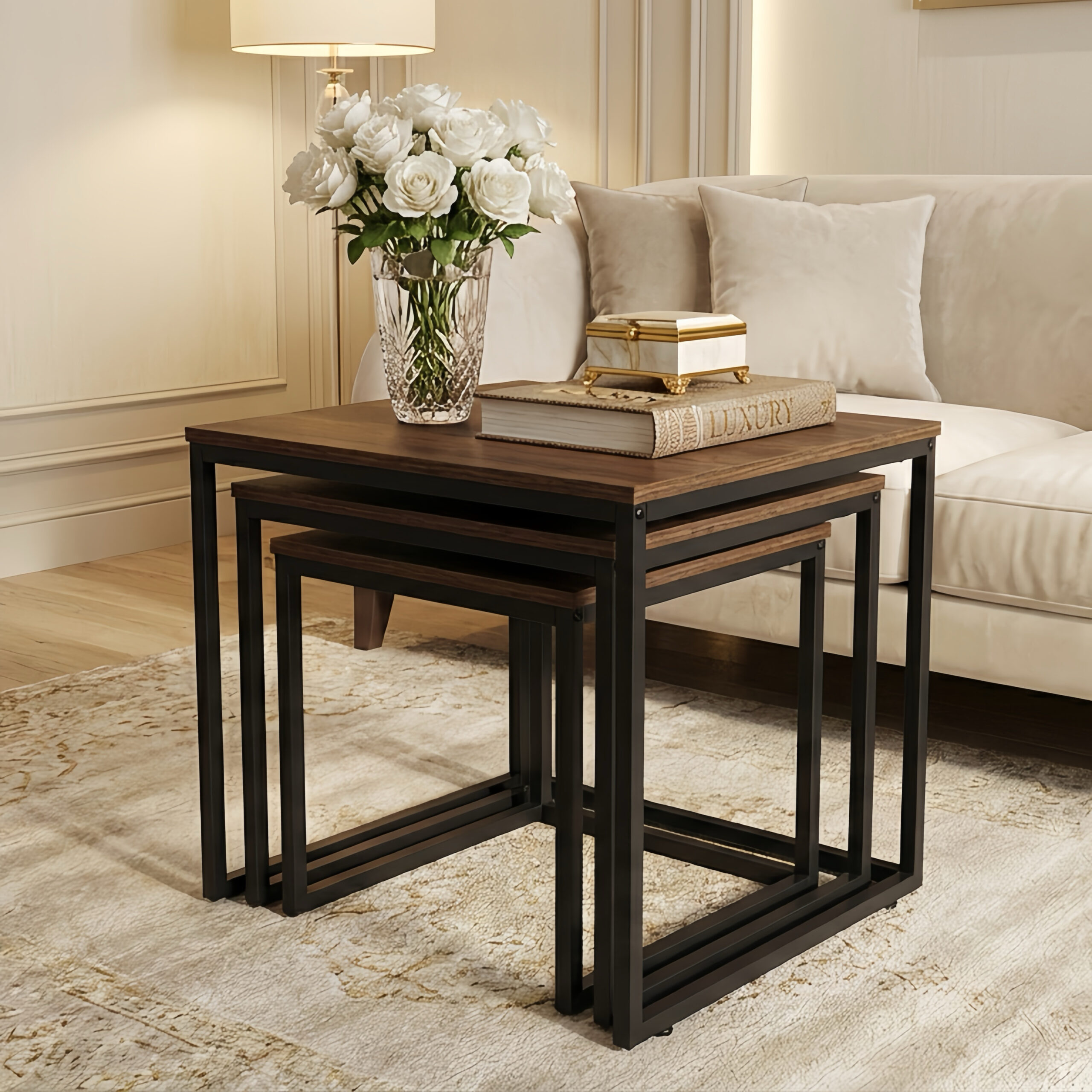Alivio Industrial Nesting Coffee Tables with Sturdy Metal Base & Wood Finish Tops – Compact Space-Saving Center Table - Image 13