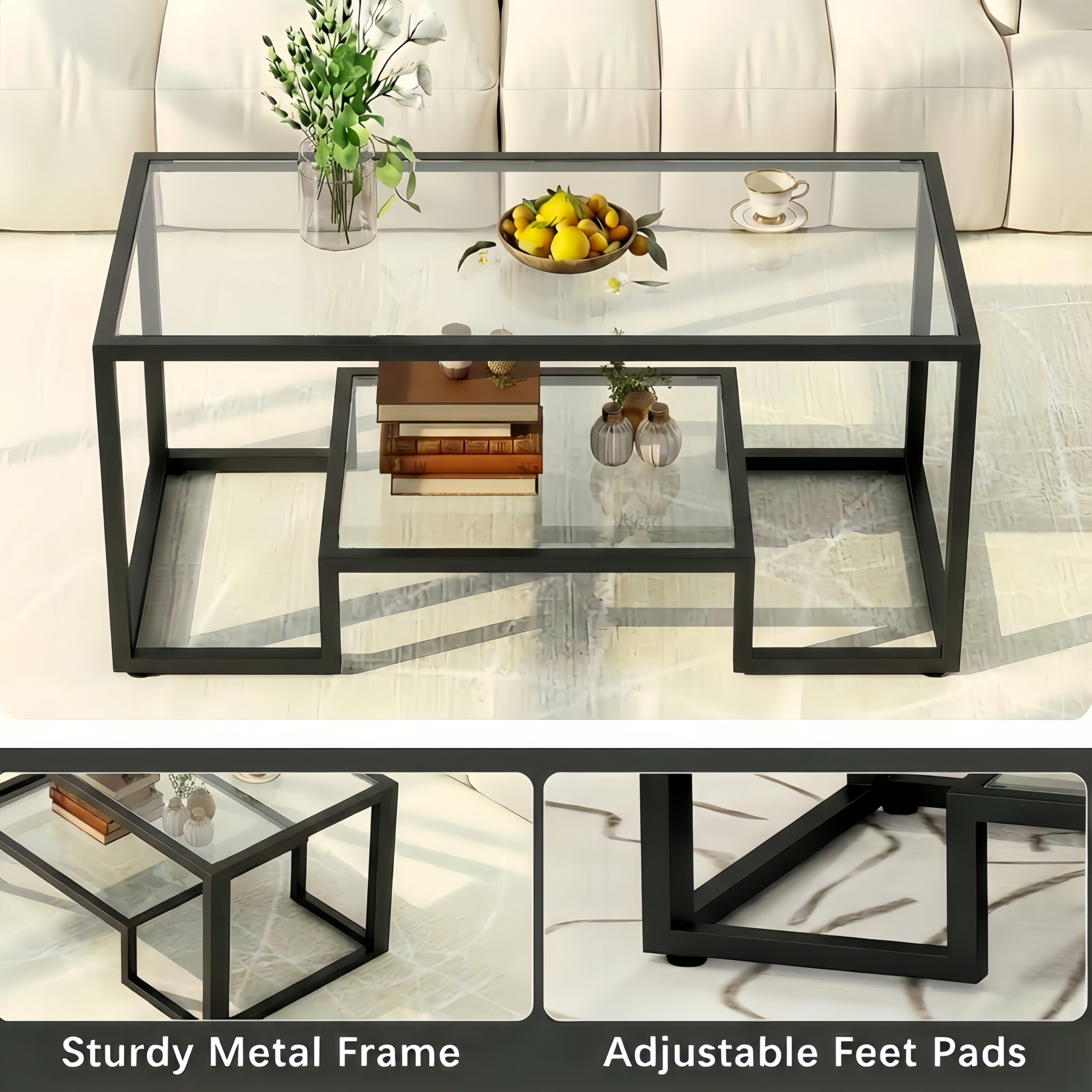 Alivio 2-Tier Modern Industrial Coffee Table with Metal Frame & Glass Top – Dual Storage Shelves, Sturdy Center Table for Living Room, Home & Office - Image 12