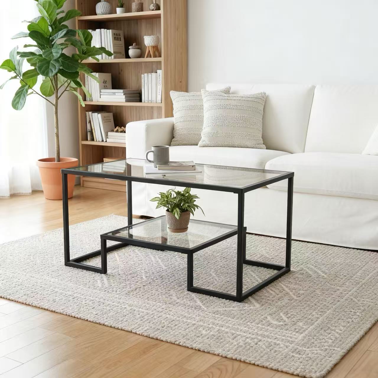 Alivio 2-Tier Modern Industrial Coffee Table with Metal Frame & Glass Top – Dual Storage Shelves, Sturdy Center Table for Living Room, Home & Office - Image 13