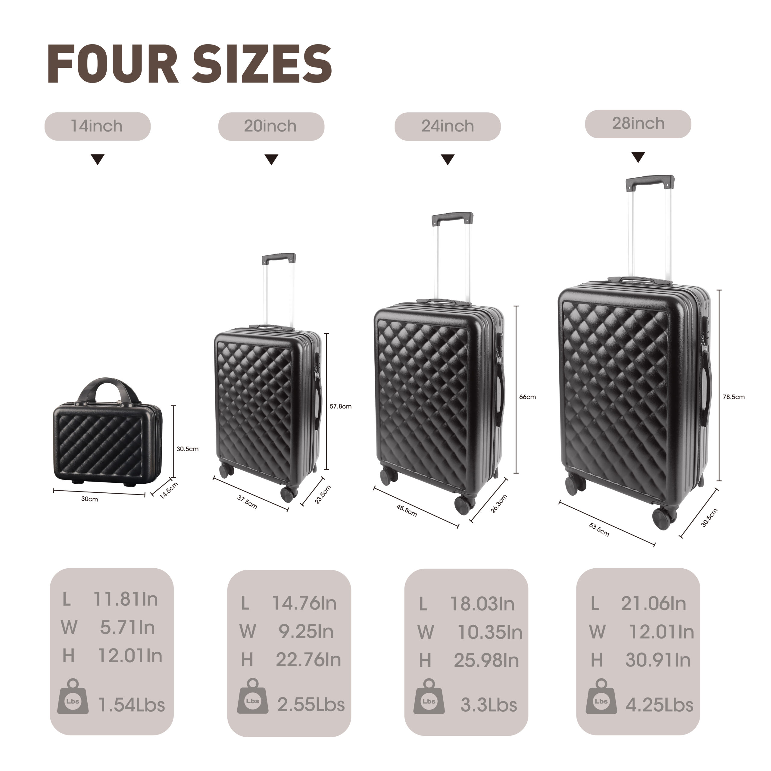 Alivio 4 Piece Luggage Set, Lightweight Hard Shell ABS Suitcase, 3-Stage Adjustable Telescopic Handle Trolley 14, 20, 24, 28in (Pack of 4 Pc) Black / Blue / RoseGold - Image 6