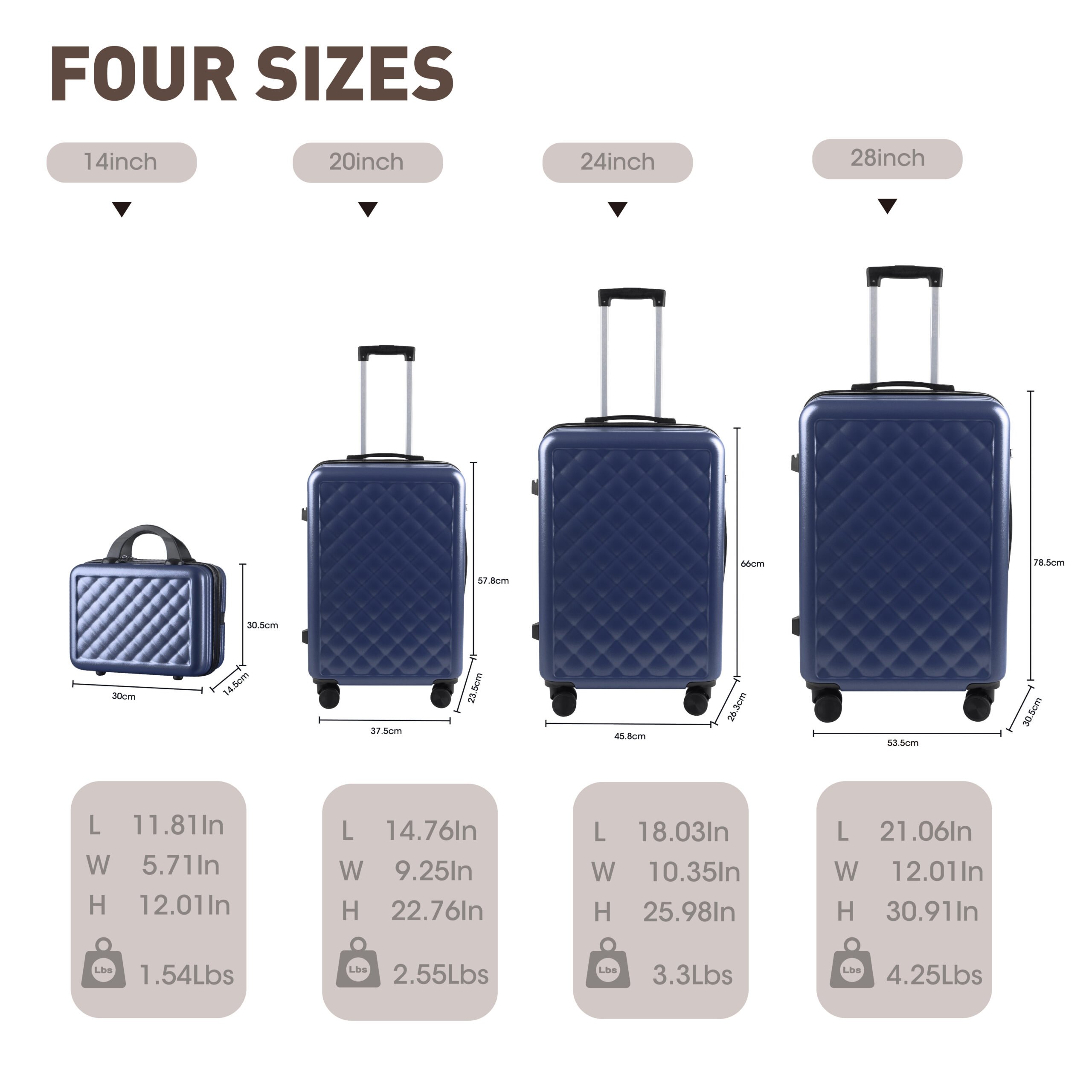 Alivio 4 Piece Luggage Set, Lightweight Hard Shell ABS Suitcase, 3-Stage Adjustable Telescopic Handle Trolley 14, 20, 24, 28in (Pack of 4 Pc) Black / Blue / RoseGold - Image 12
