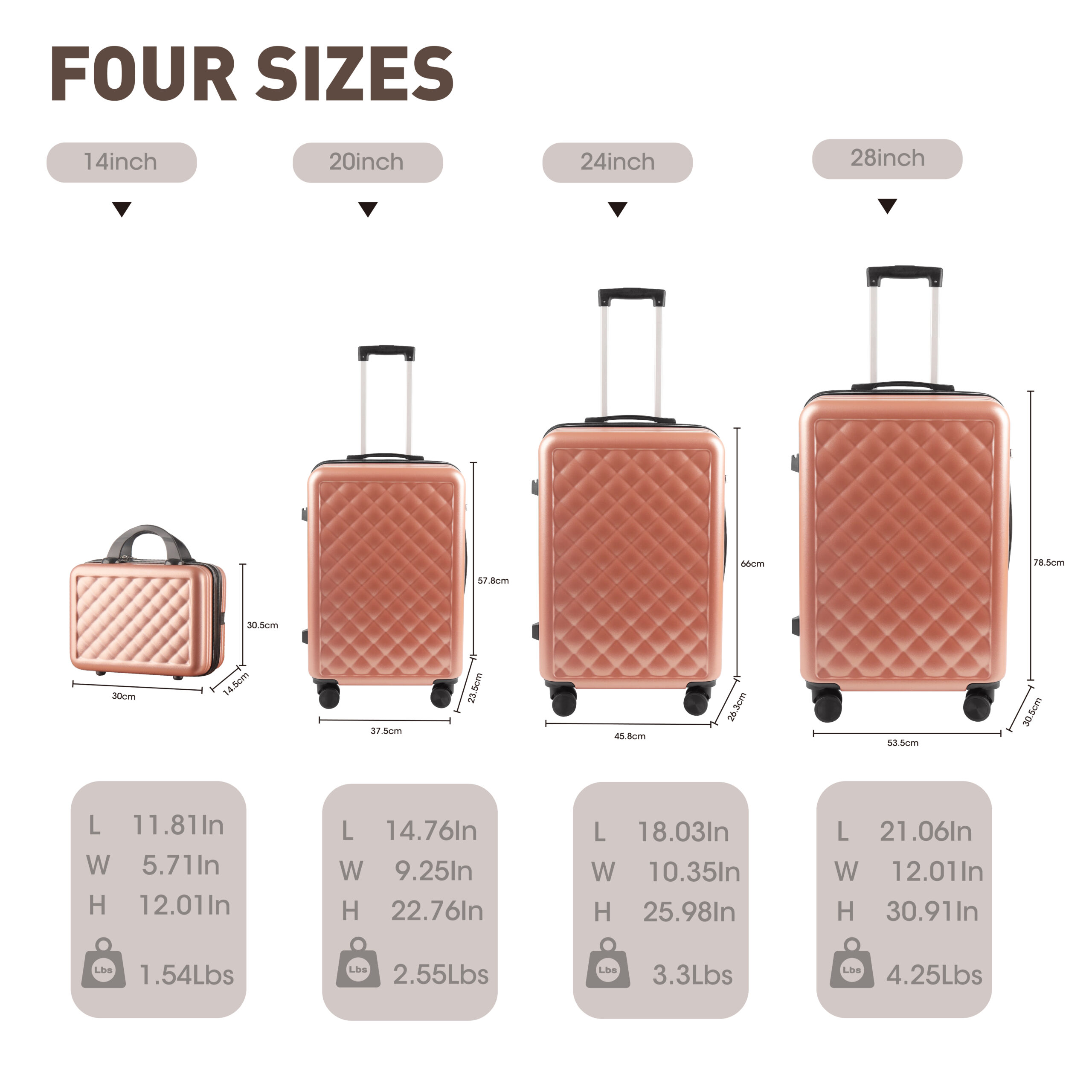 Alivio 4 Piece Luggage Set, Lightweight Hard Shell ABS Suitcase, 3-Stage Adjustable Telescopic Handle Trolley 14, 20, 24, 28in (Pack of 4 Pc) Black / Blue / RoseGold - Image 19