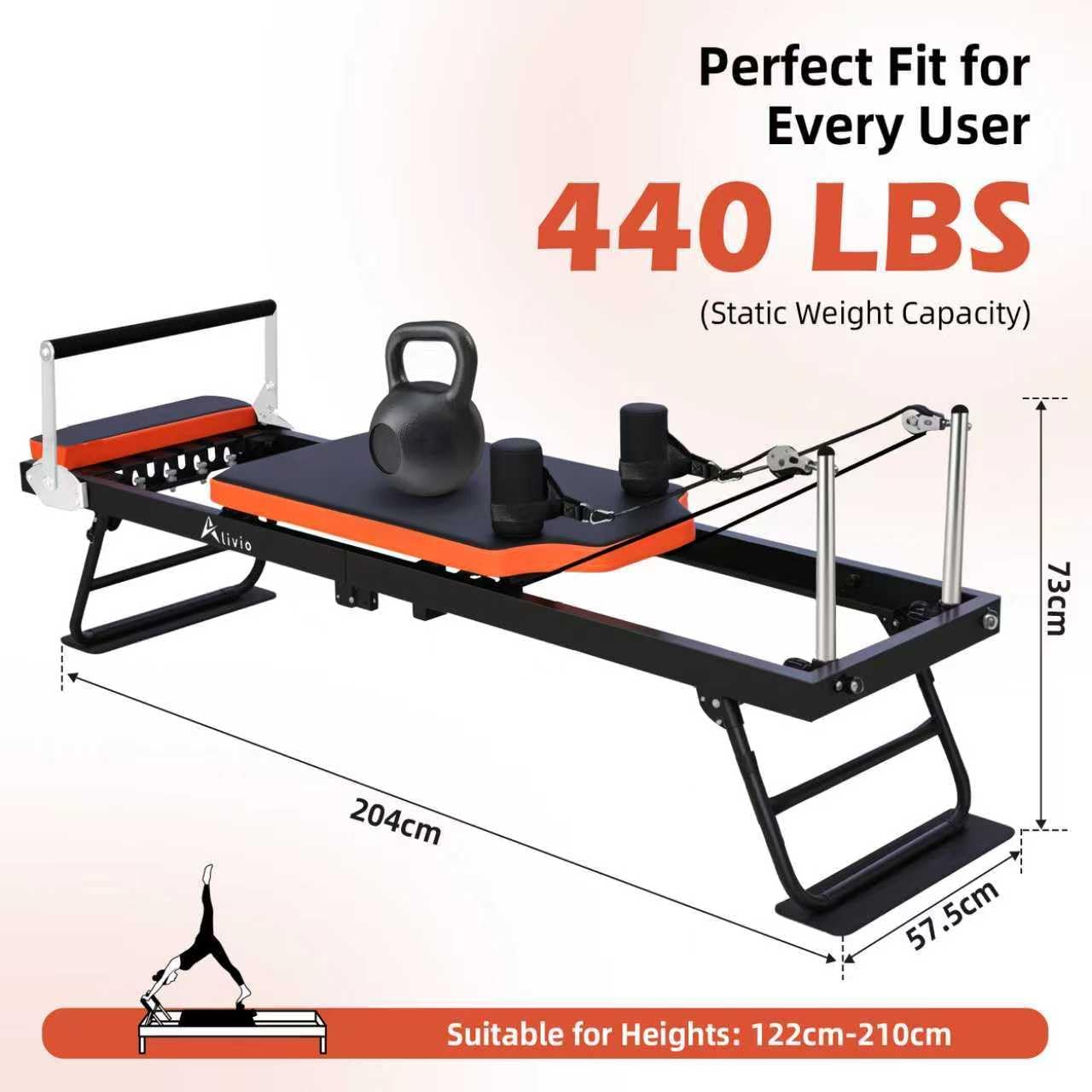 Alivio Professional Pilates Reformer Machine – Home & Studio Fitness Station with Adjustable Resistance Springs, Padded Carriage, and Heavy-Duty Frame (Black/Orange) - Image 9