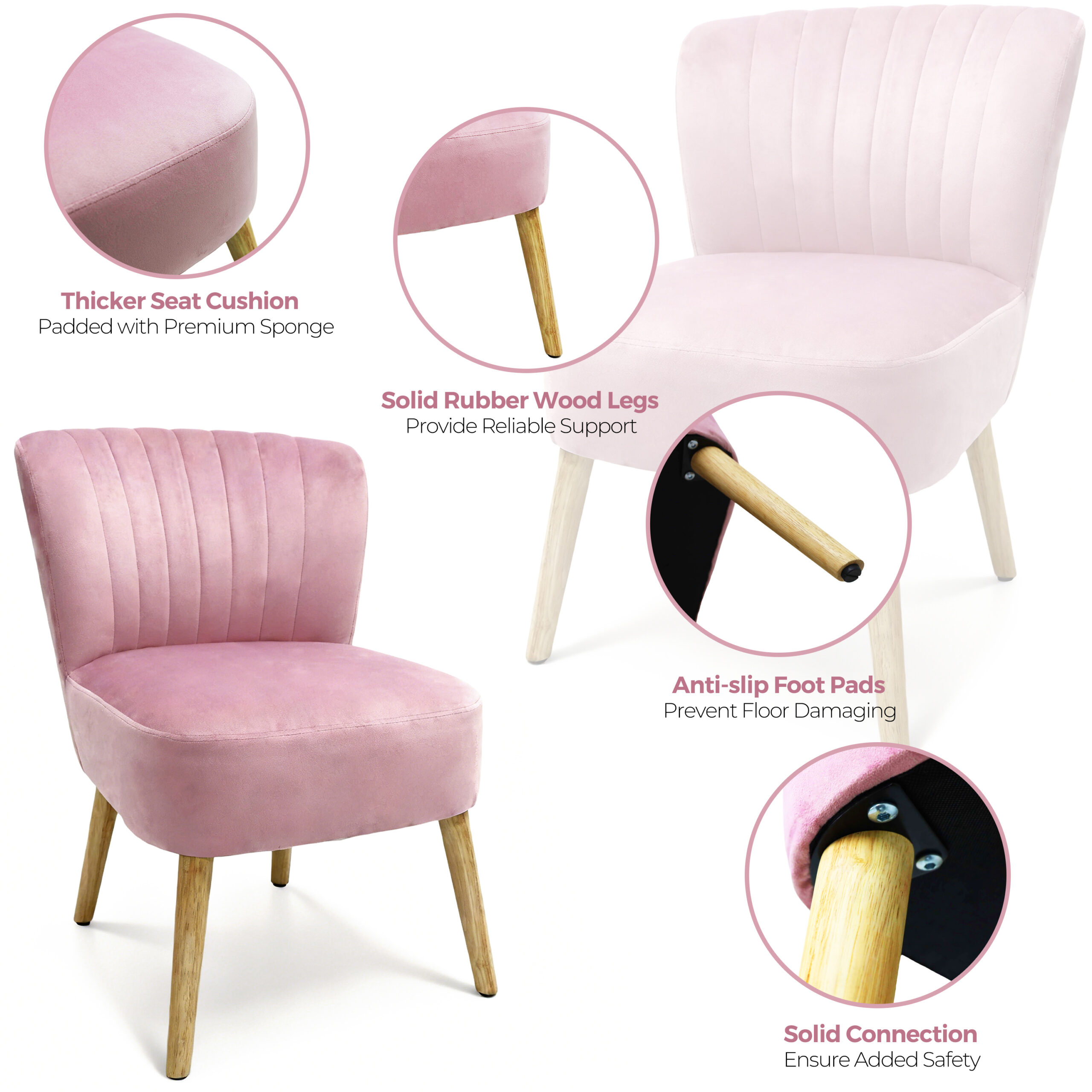 Alivio Ergonomic Accent Chair with Skin-Friendly Breathable Fabric, Thick Cushion, Curved Backrest, Solid Rubber Wood Legs & Anti-Slip Pads, Easy-to-Clean Modern Living Room Chair (Pink) - Image 7
