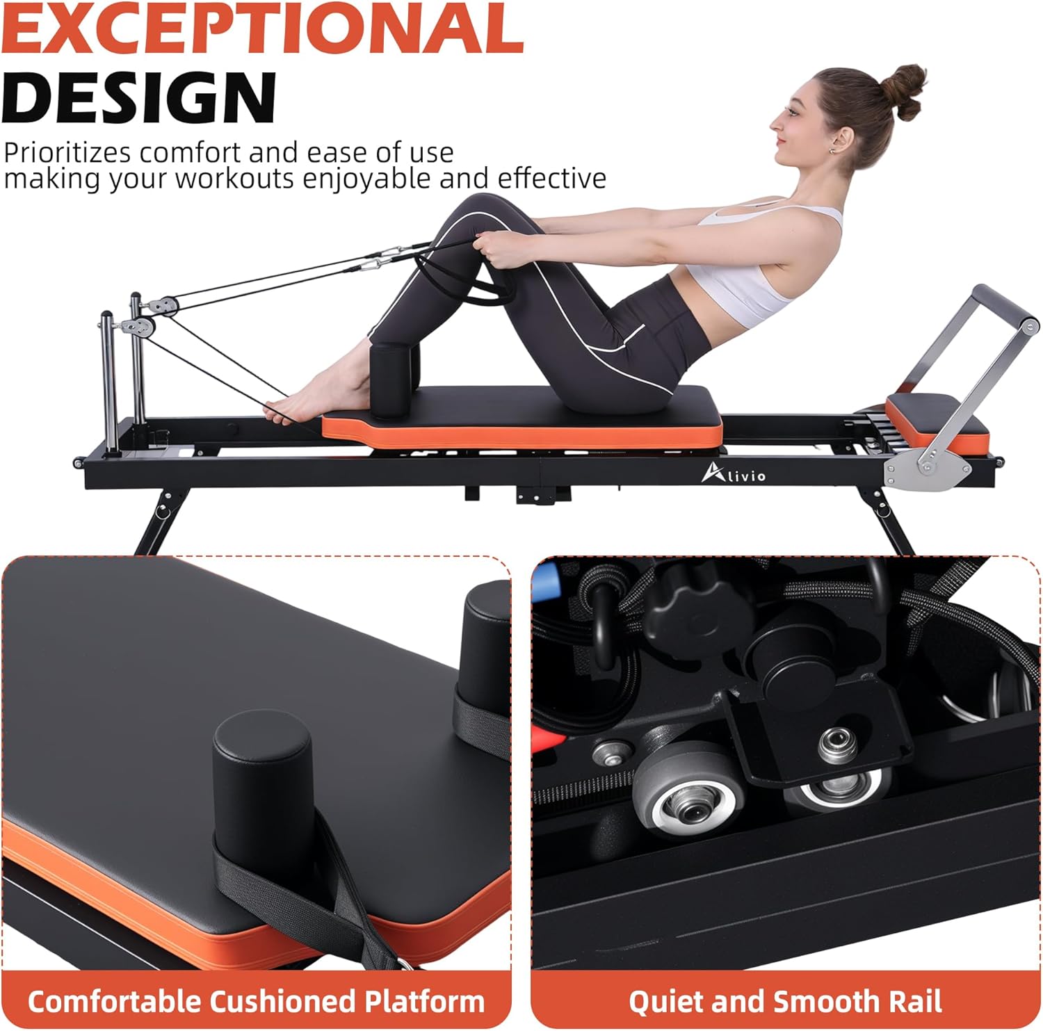 Alivio Professional Pilates Reformer Machine – Home & Studio Fitness Station with Adjustable Resistance Springs, Padded Carriage, and Heavy-Duty Frame (Black/Orange) - Image 3