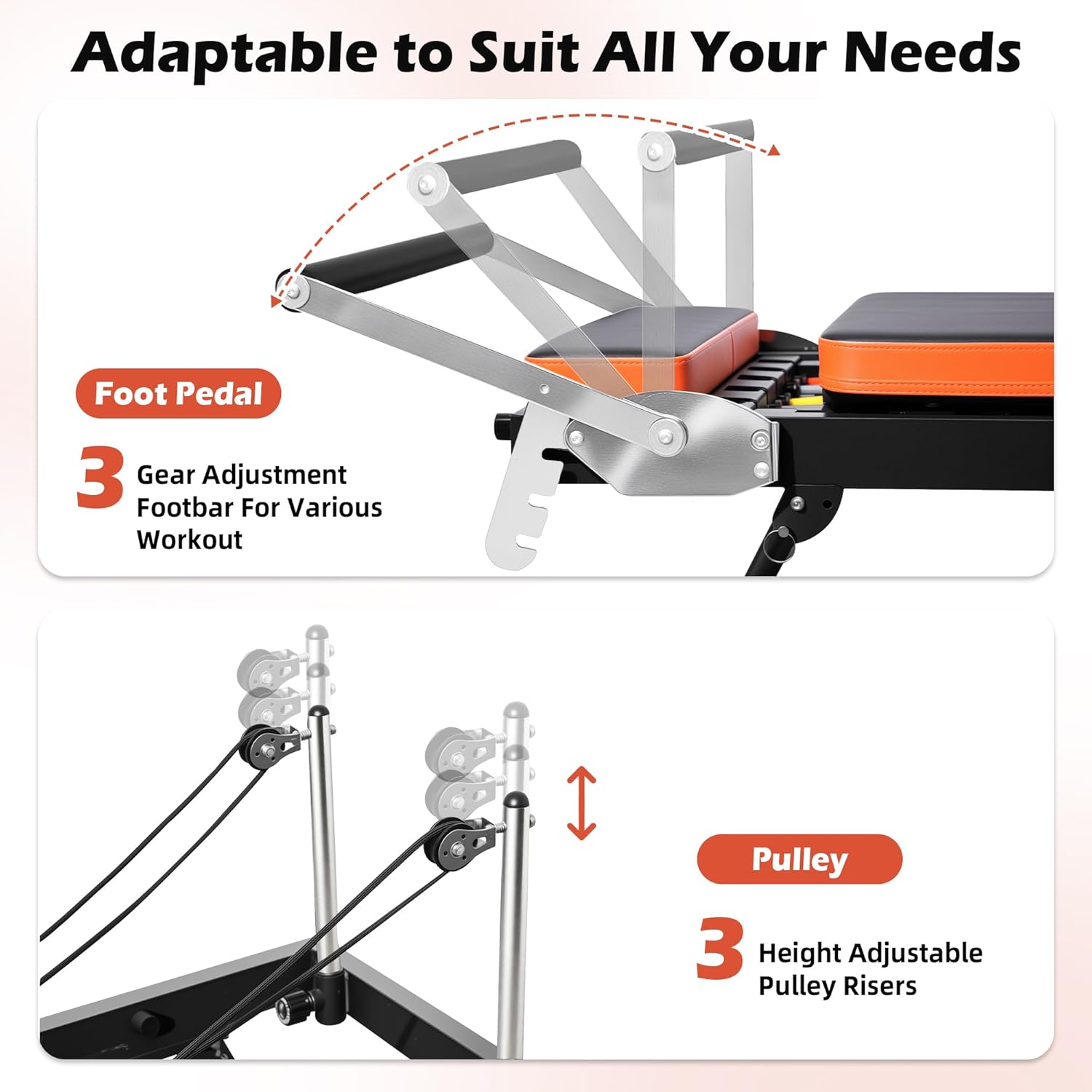 Alivio Professional Pilates Reformer Machine – Home & Studio Fitness Station with Adjustable Resistance Springs, Padded Carriage, and Heavy-Duty Frame (Black/Orange) - Image 6