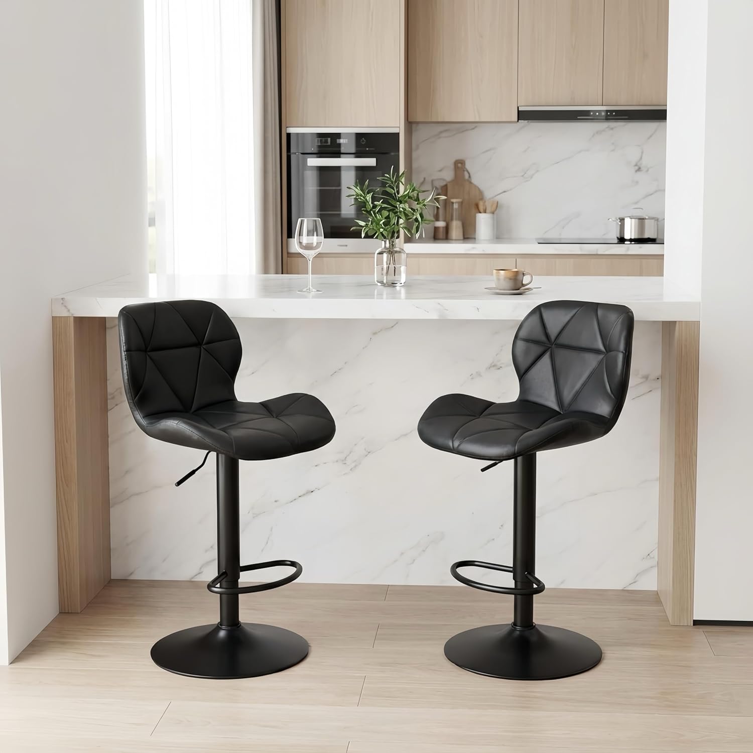 Alivio Adjustable Bar Stool with Backrest, Modern Faux Leather Bar Chairs with 360 Degree Swivel, Hydraulic Height Adjustment, Footrest & Heavy Metal Base (Set of 2)
