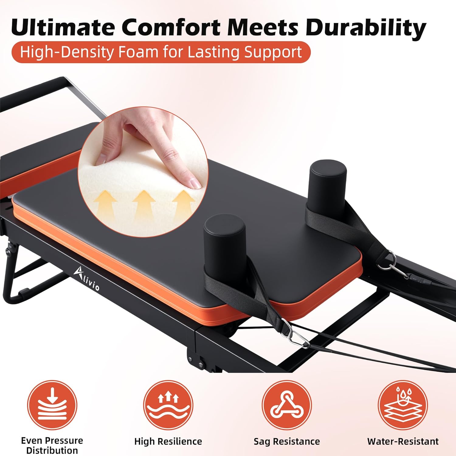 Alivio Professional Pilates Reformer Machine – Home & Studio Fitness Station with Adjustable Resistance Springs, Padded Carriage, and Heavy-Duty Frame (Black/Orange) - Image 5