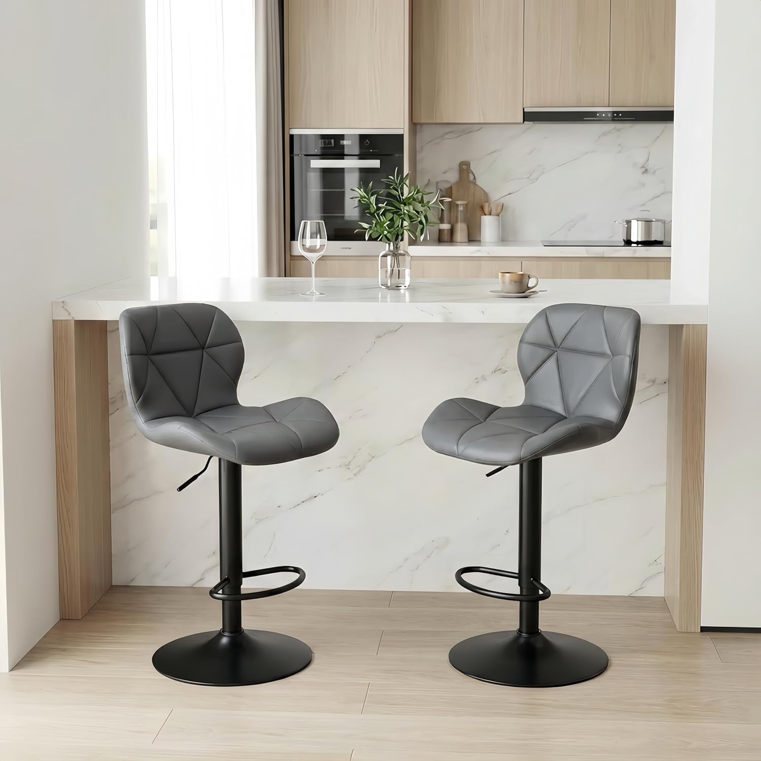 Alivio Adjustable Bar Stool with Backrest, Modern Faux Leather Bar Chairs with 360 Degree Swivel, Hydraulic Height Adjustment, Footrest & Heavy Metal Base (Set of 2) - Image 15