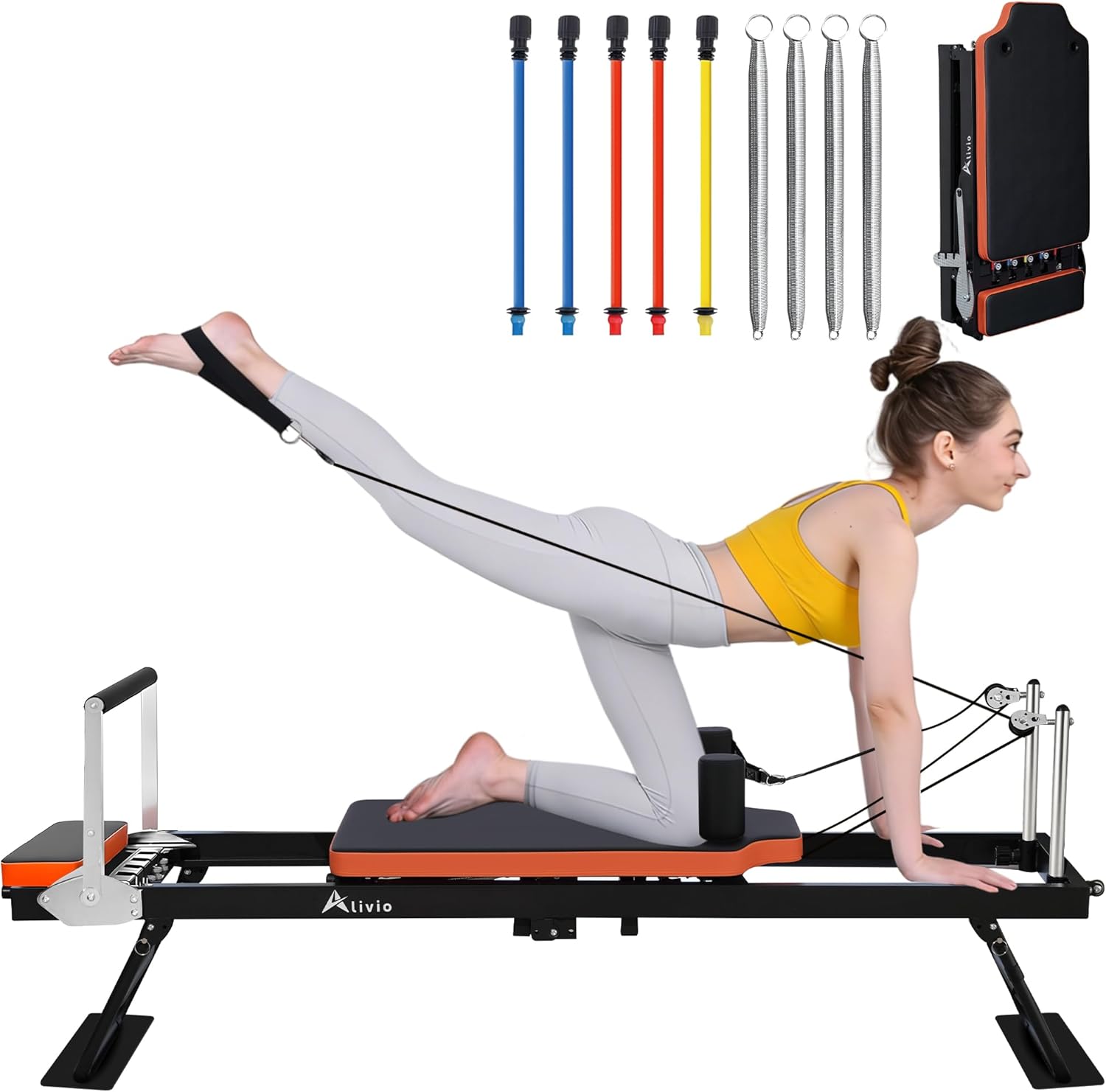 Alivio Professional Pilates Reformer Machine – Home & Studio Fitness Station with Adjustable Resistance Springs, Padded Carriage, and Heavy-Duty Frame (Black/Orange)