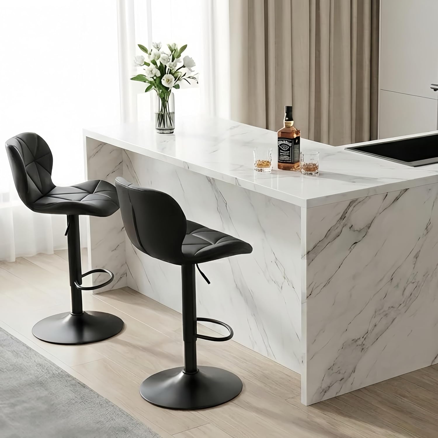 Alivio Adjustable Bar Stool with Backrest, Modern Faux Leather Bar Chairs with 360 Degree Swivel, Hydraulic Height Adjustment, Footrest & Heavy Metal Base (Set of 2) - Image 21