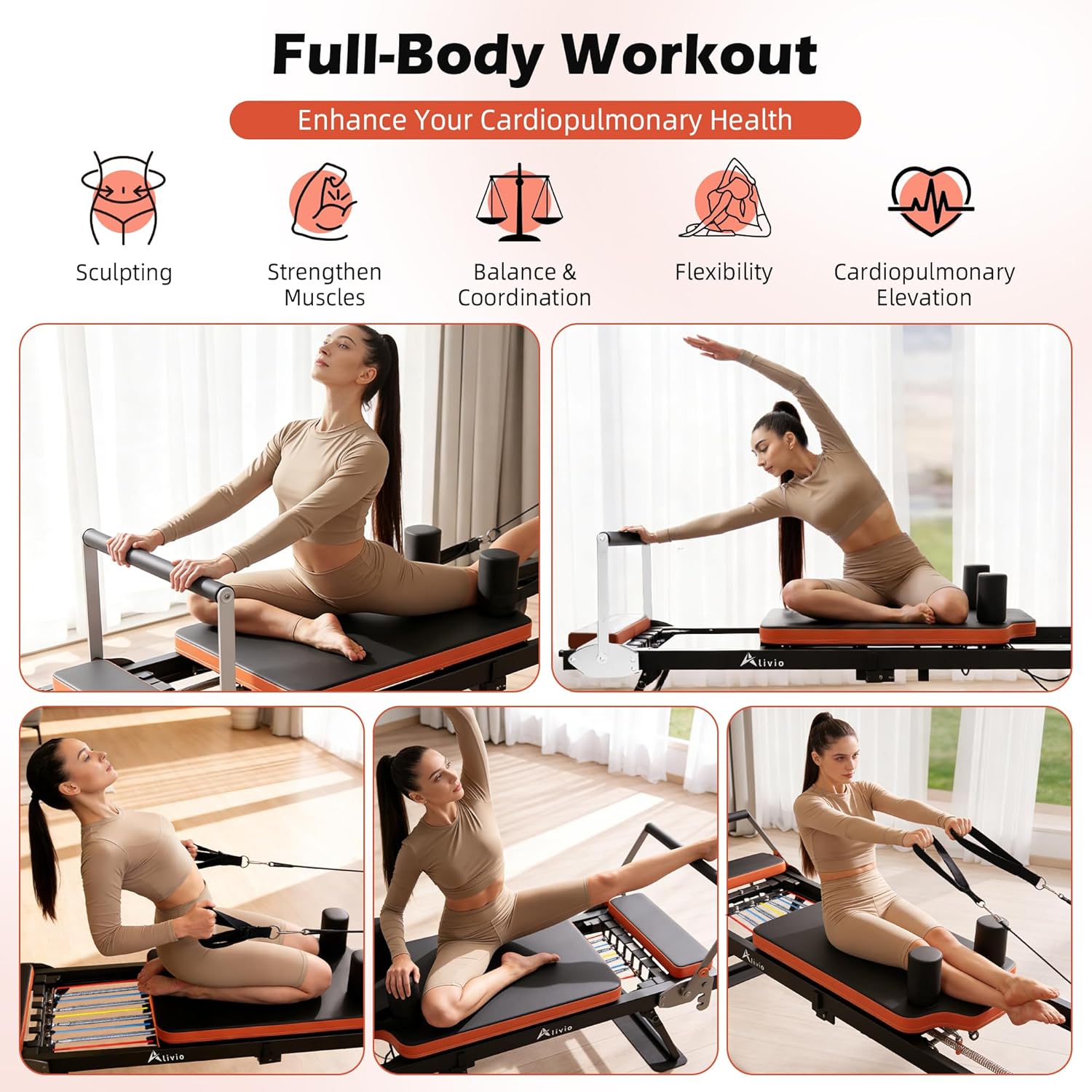 Alivio Professional Pilates Reformer Machine – Home & Studio Fitness Station with Adjustable Resistance Springs, Padded Carriage, and Heavy-Duty Frame (Black/Orange) - Image 7