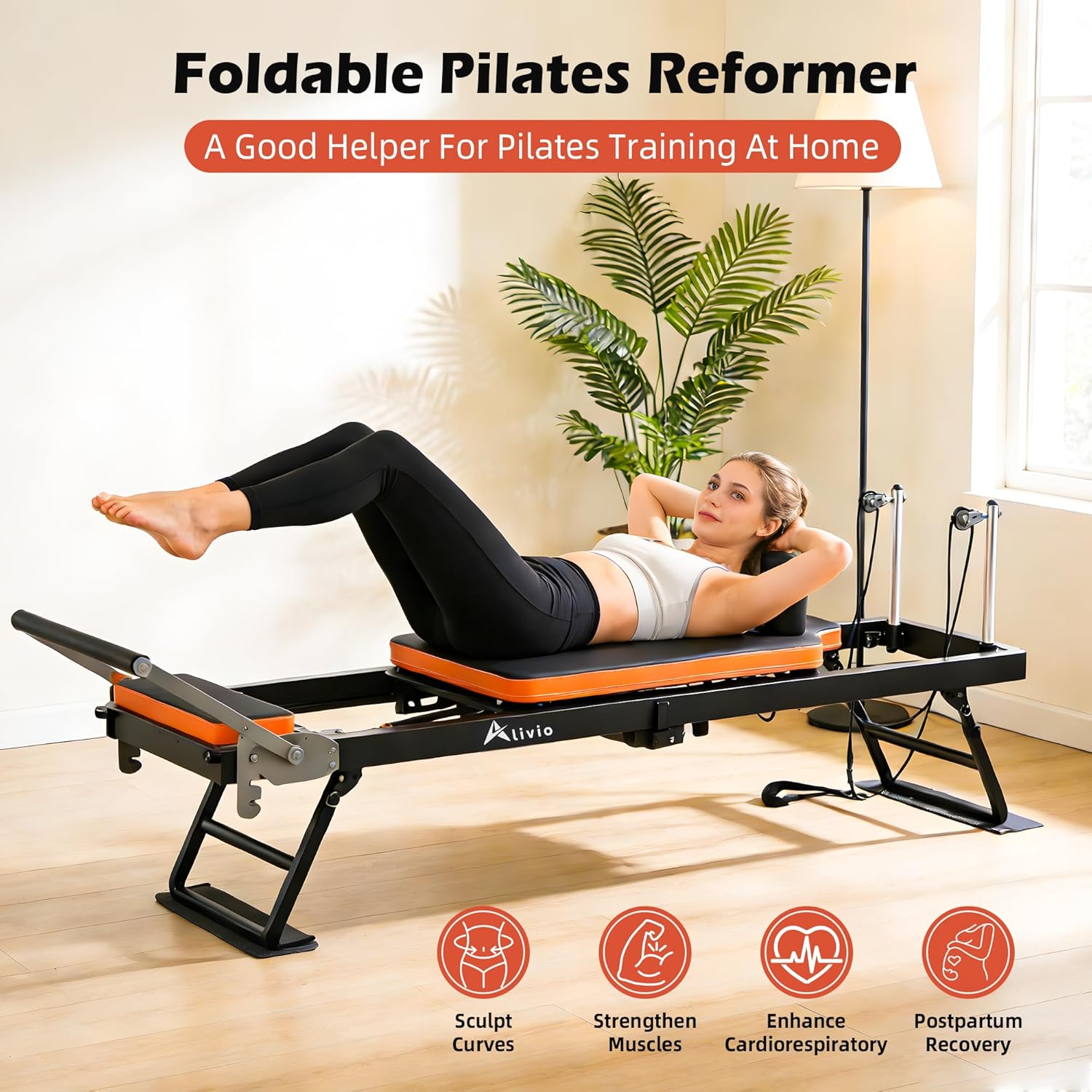 Alivio Professional Pilates Reformer Machine – Home & Studio Fitness Station with Adjustable Resistance Springs, Padded Carriage, and Heavy-Duty Frame (Black/Orange) - Image 4