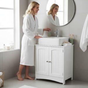 Alivio Under Sink Bathroom Cabinet for Wall-Hung Washbasin, White Storage Unit with Magnetic Doors, Metal Handles & Sturdy Hinges, Easy-Clean Surface