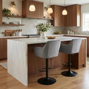 Alivio Modern Velvet Bar Stools – Adjustable Swivel Counter Height Chairs with Quilted Backrest, Armrests & Footrest, Hydraulic Gas Lift Kitchen Island Bar Chairs 360 Degree Swivel (Set of 2, Grey)