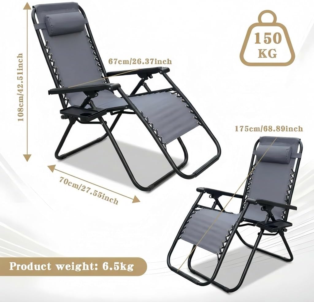 Alivio Zero Gravity Sun Lounger Adjustable Reclining Outdoor Garden Patio Relaxer Chair with Headrest Pillow Cup Holder and Heavy Duty Folding Frame - Image 8