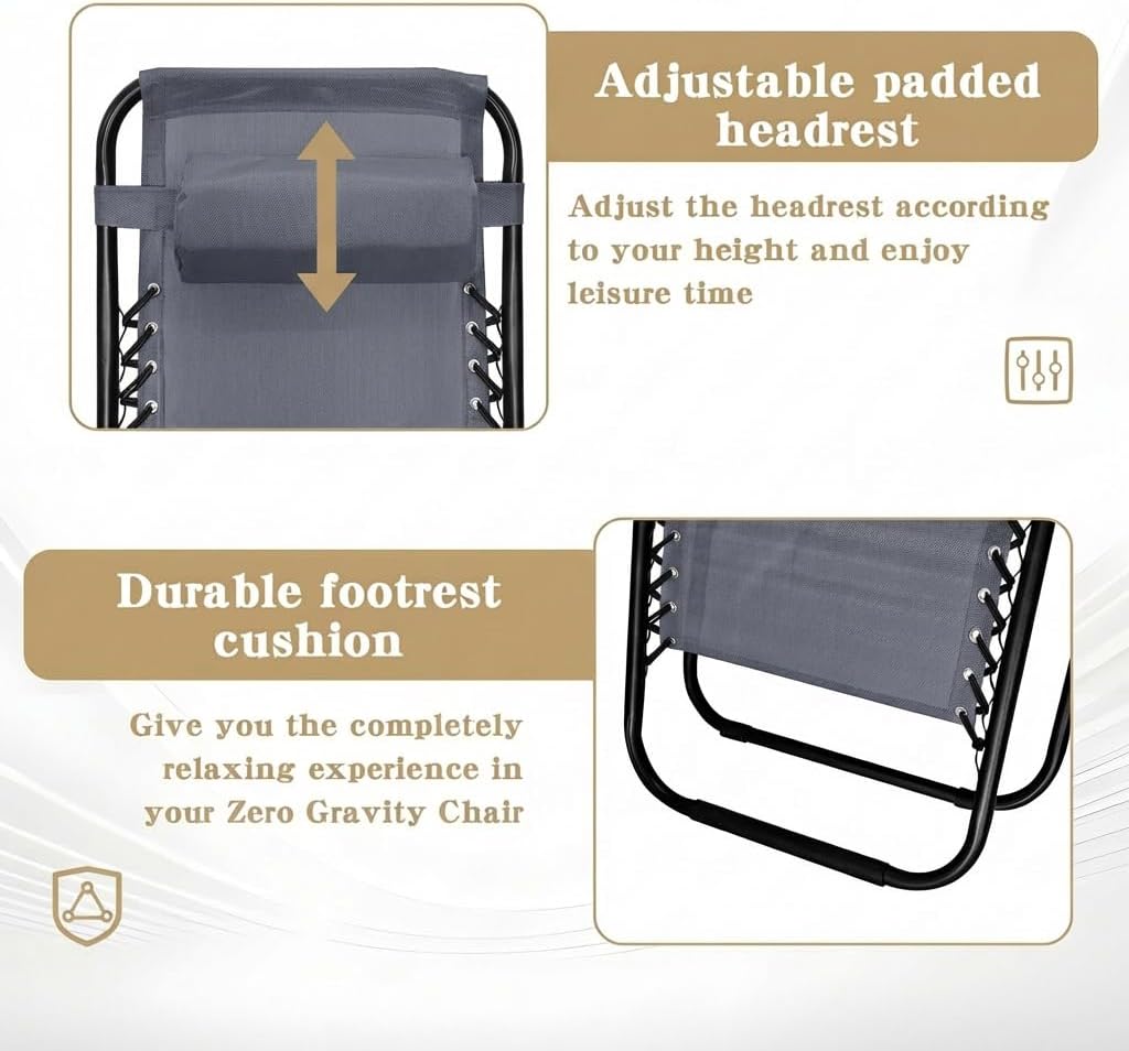 Alivio Zero Gravity Sun Lounger Adjustable Reclining Outdoor Garden Patio Relaxer Chair with Headrest Pillow Cup Holder and Heavy Duty Folding Frame - Image 4