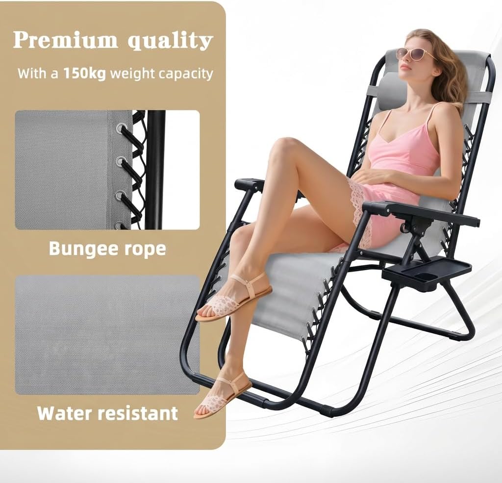 Alivio Zero Gravity Sun Lounger Adjustable Reclining Outdoor Garden Patio Relaxer Chair with Headrest Pillow Cup Holder and Heavy Duty Folding Frame - Image 12