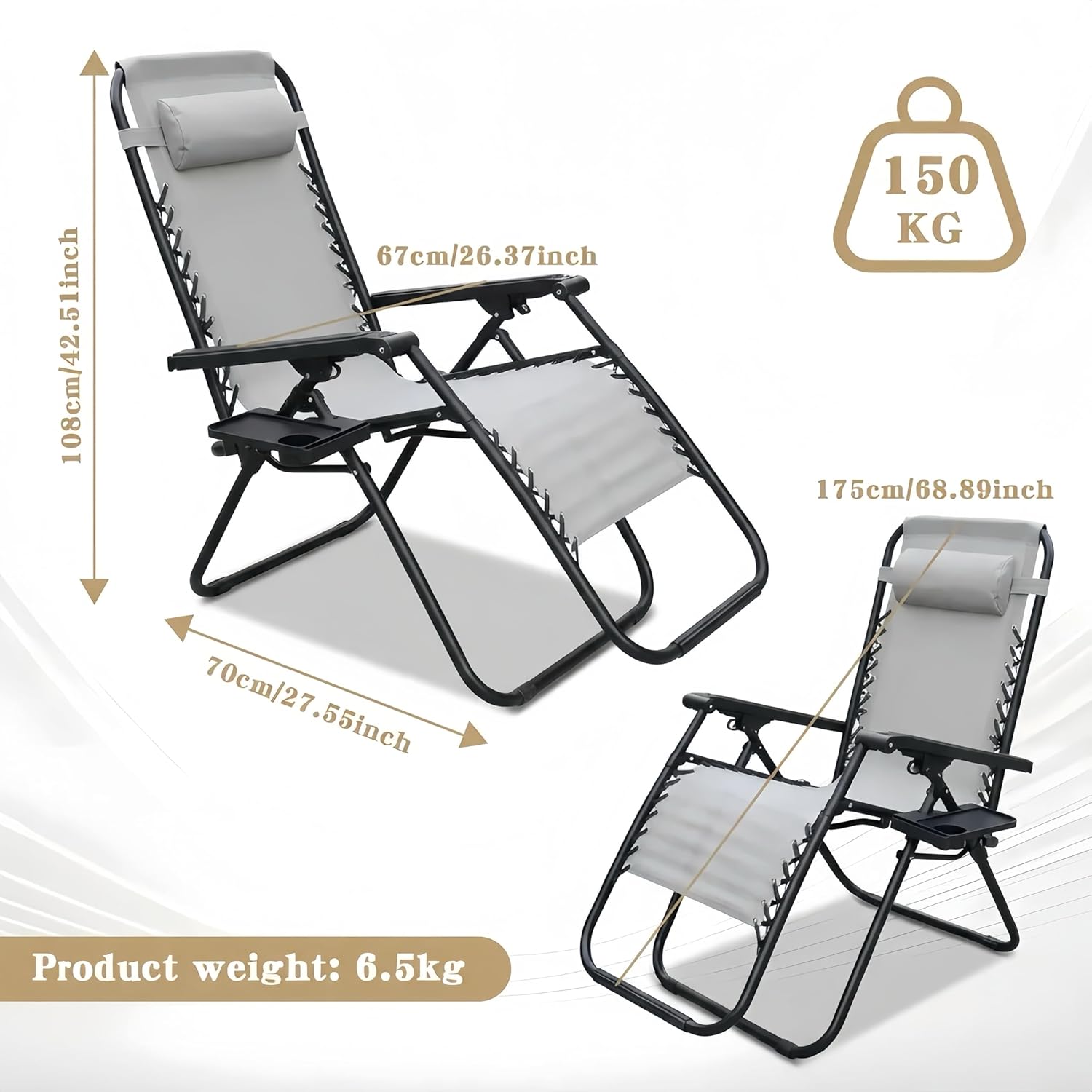 Alivio Zero Gravity Sun Lounger Adjustable Reclining Outdoor Garden Patio Relaxer Chair with Headrest Pillow Cup Holder and Heavy Duty Folding Frame - Image 17