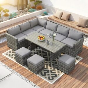 Alivio 10-Piece Outdoor Rattan Patio Furniture Set, Corner Sectional Sofa with Dining Table, Cushioned Wicker Garden Lounge Set with Stools (Grey)